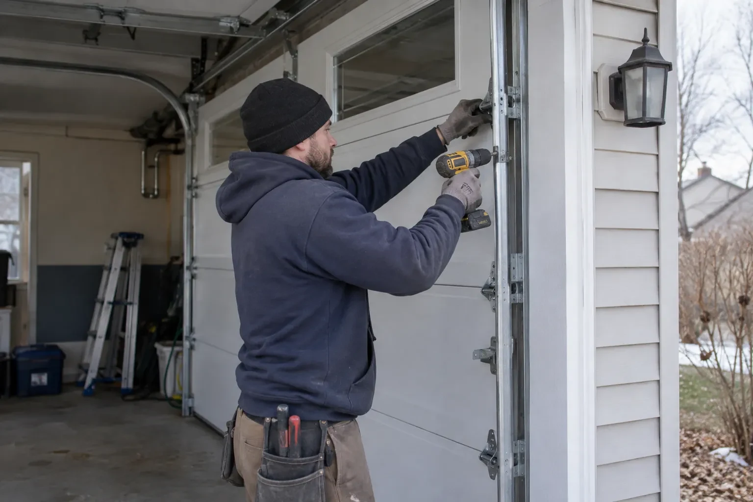 Technician in a black beanie fastening a hinge plate to a white door with small windows using a yellow cordless drill. — Markland Woods