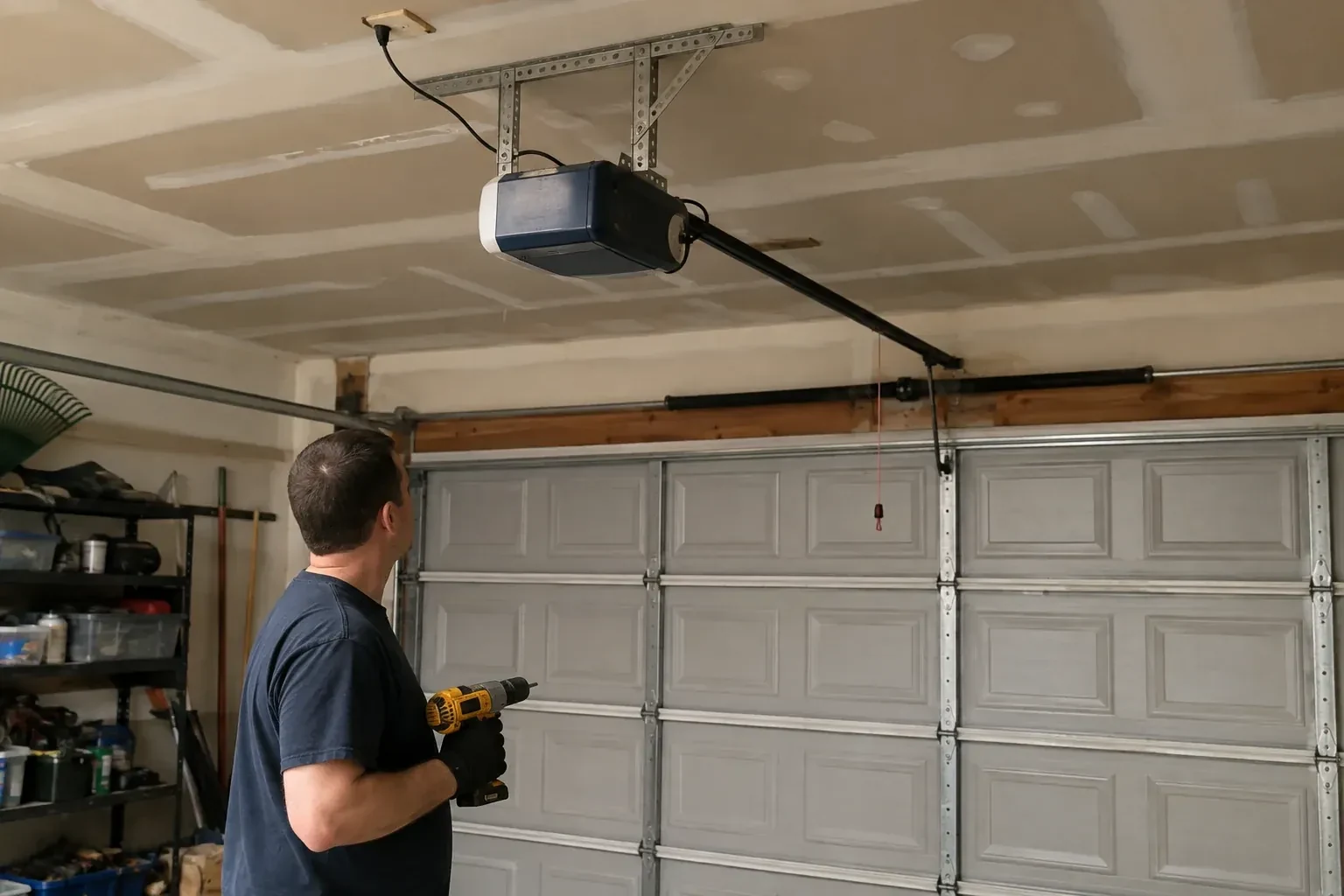Person holding a yellow drill and looking up at a blue and white opener above a gray paneled garage door. — Chain-Drive Opener Repair, Mississauga