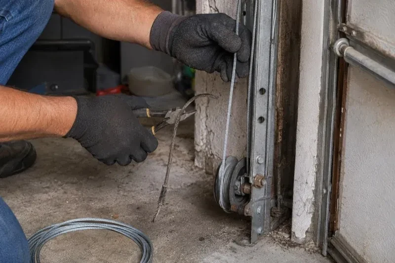 Gloved hands holding a bright cable and pliers gripping a frayed cable beside a garage-door track and pulley. — Garage Door Cable Replacement, Mississauga