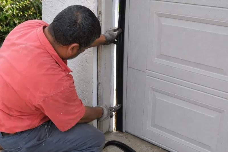 Gloved person holding a black strip along the side of a sectional garage-door opening — Garage Door Perimeter Weatherstrip, Markland Woods