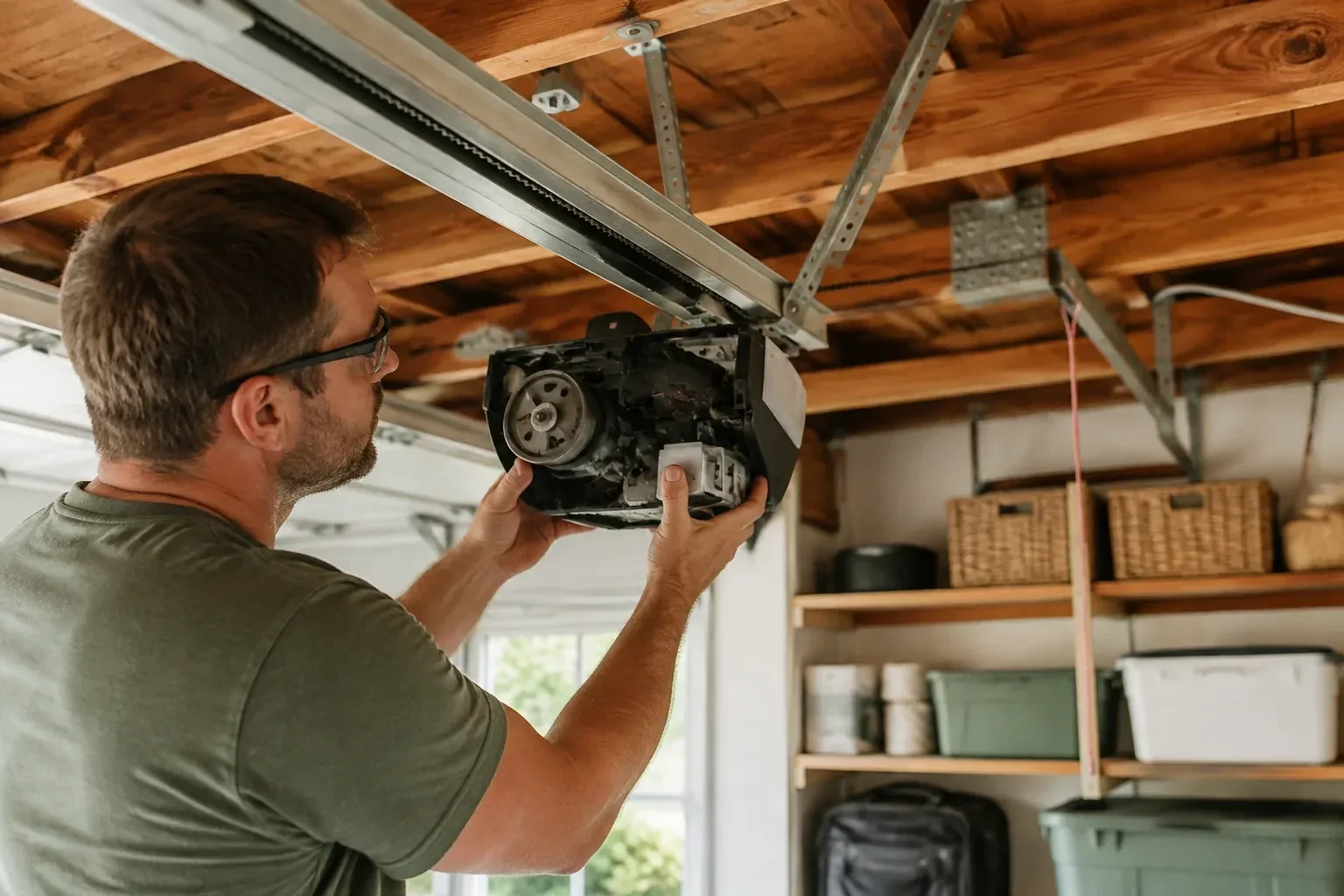 Person in a green shirt and glasses holding an opened opener housing that shows a gear, under wooden ceiling joists. — Belt-Drive Opener Repair, Mississauga