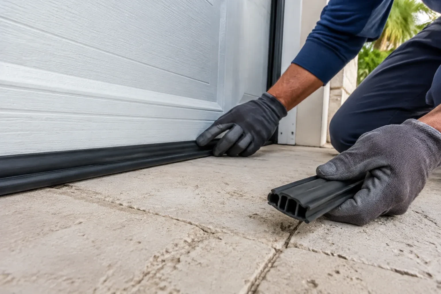 Gloved hands setting a black rubber seal along the base of a white garage door, holding a ribbed strip over paving stones. — Garage Door Bottom Seal Replacement, Mississauga