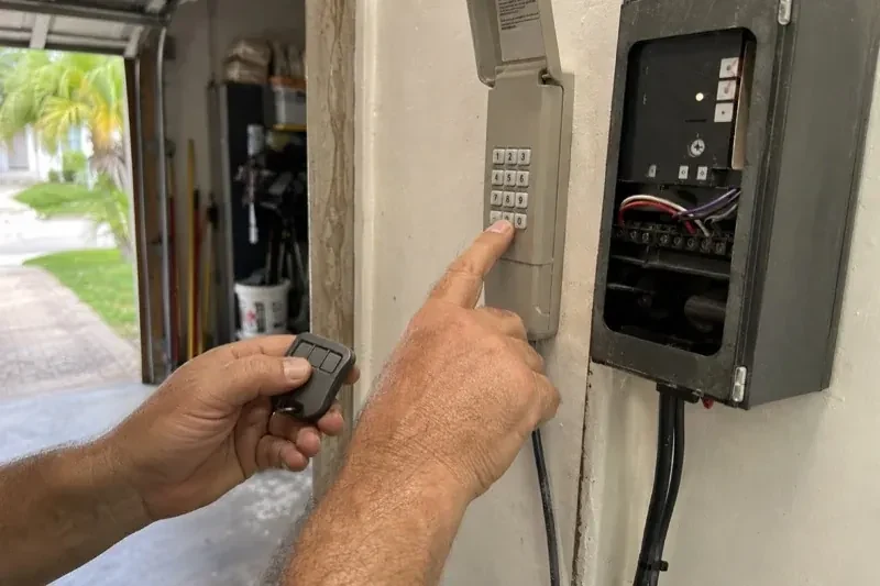 Hands holding a small remote and pressing a wall-mounted keypad beside an open control box with visible wiring. — Garage Door Remote and Keypad Programming, Mississauga