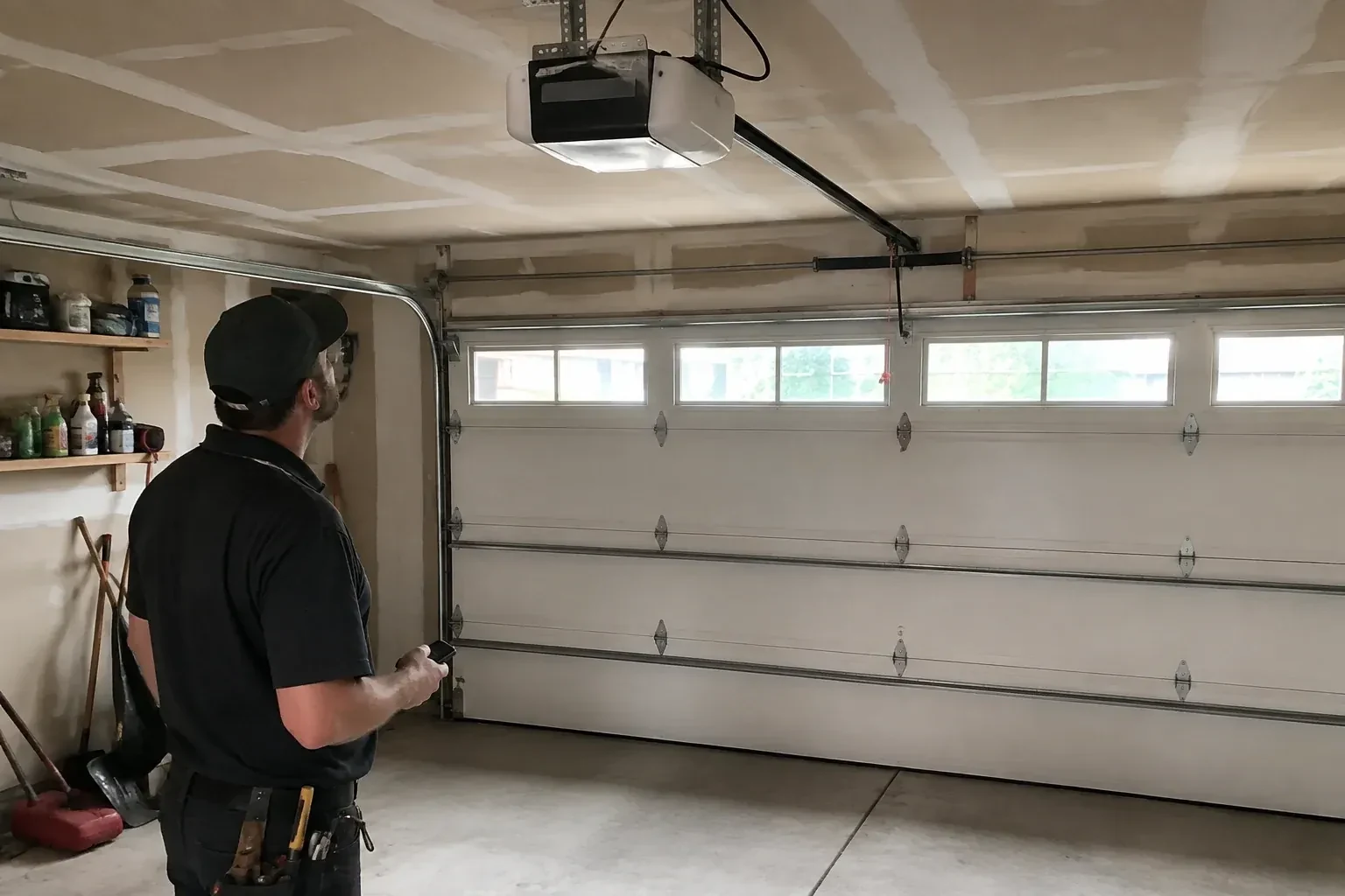 A person looks at an overhead opener above a closed garage door with a row of windows. — Garage Door Opener Replacement, Mississauga