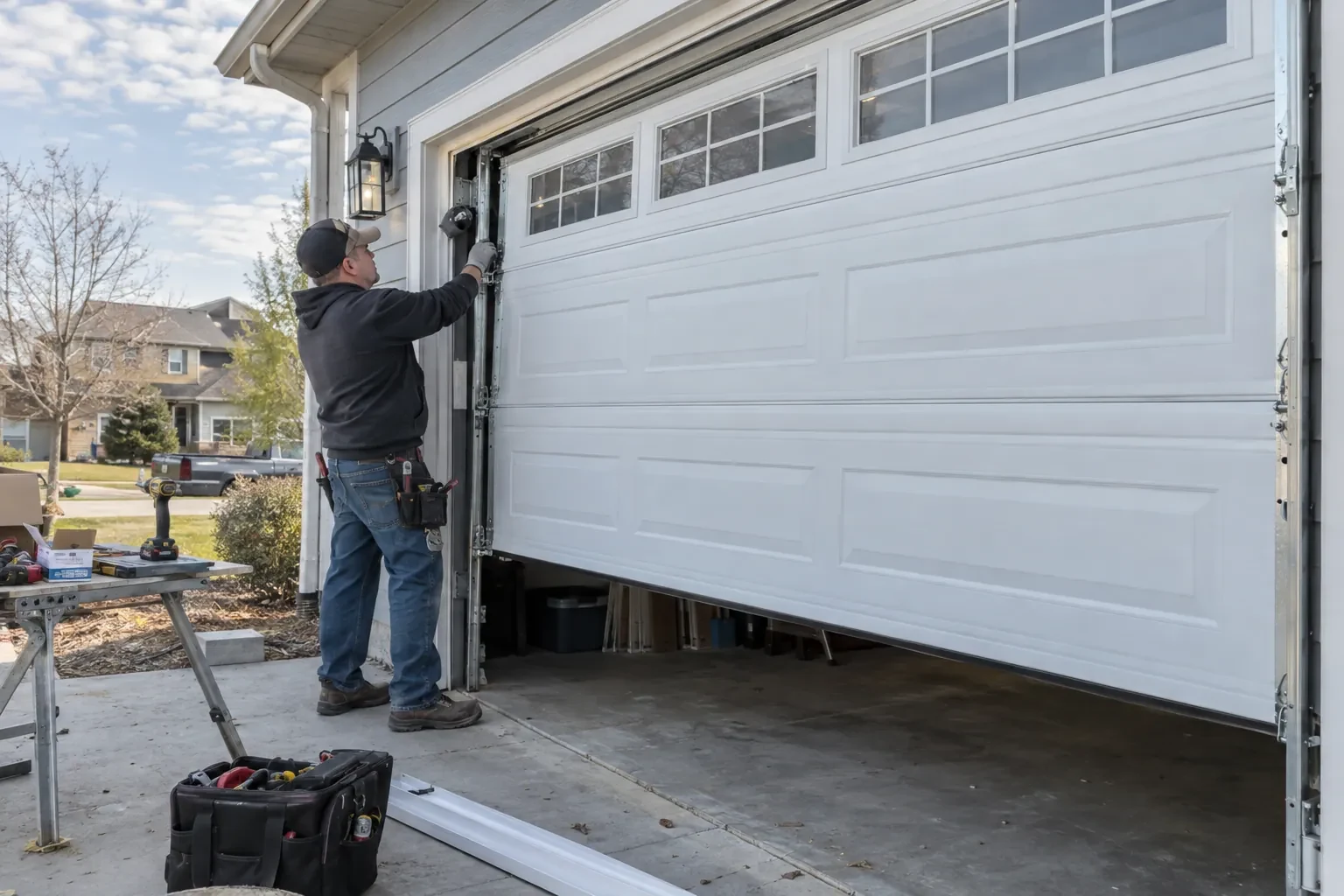 Technician reaching to the side track of a partly raised white garage door with small windows, a tool bag on the driveway.