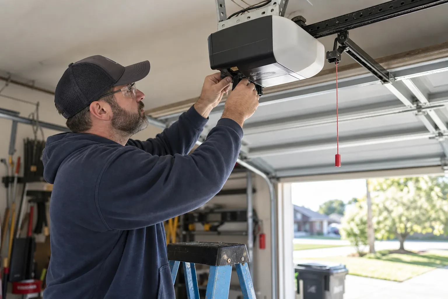 Technician at a blue ladder working under a black and white opener, with a red pull cord hanging beside it. — Orchard Heights