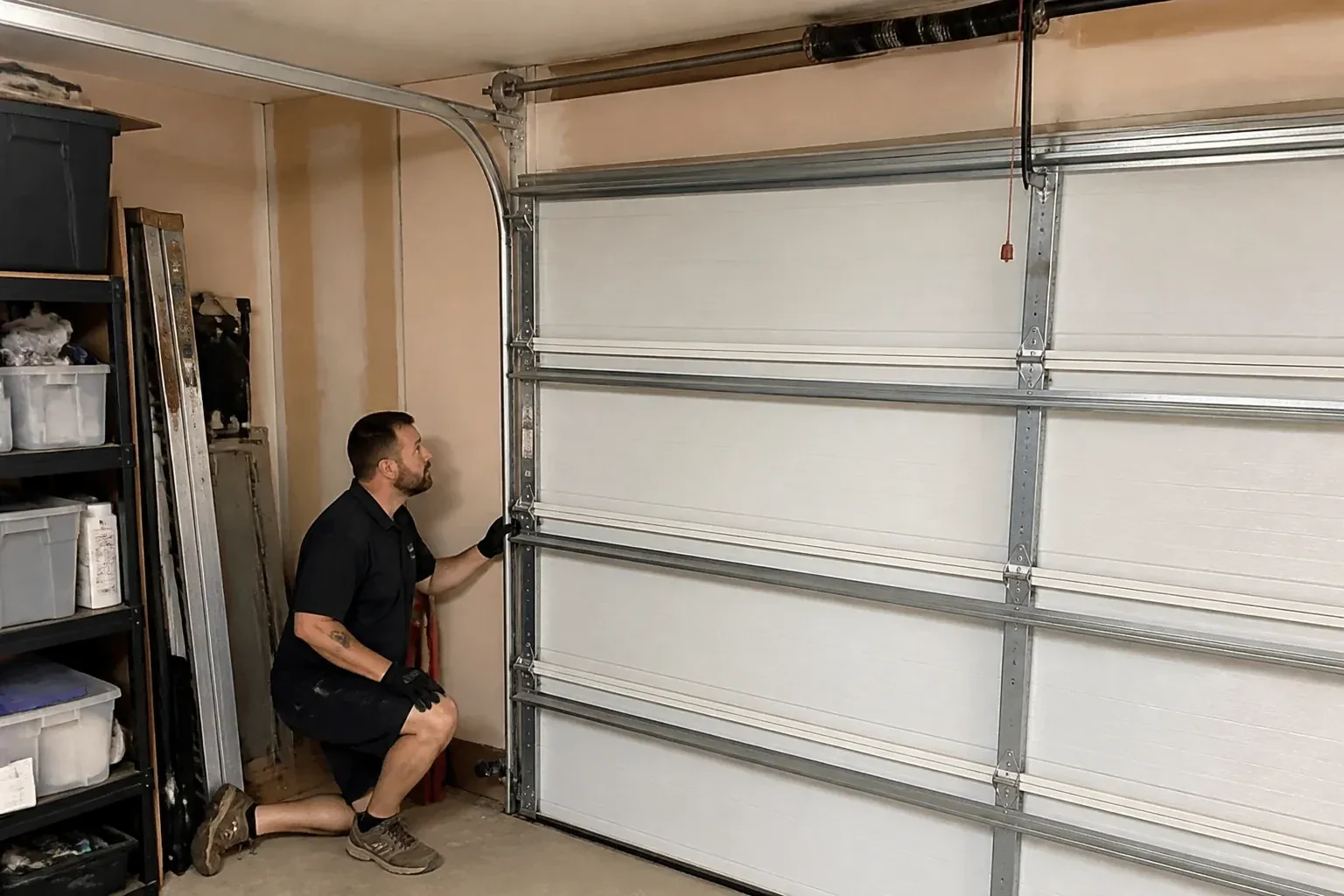 A person examines the vertical side track of a closed garage door. — Garage Door Track Repair or Replacement, Mississauga